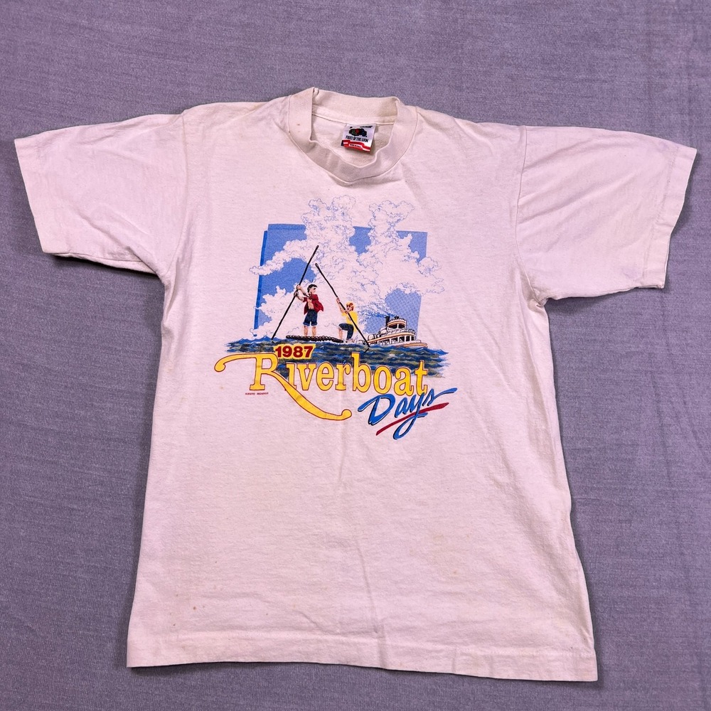 Vintage Fruit of the Loom Unisex Off White 1987 Riverboat Days T-Shirt Size S